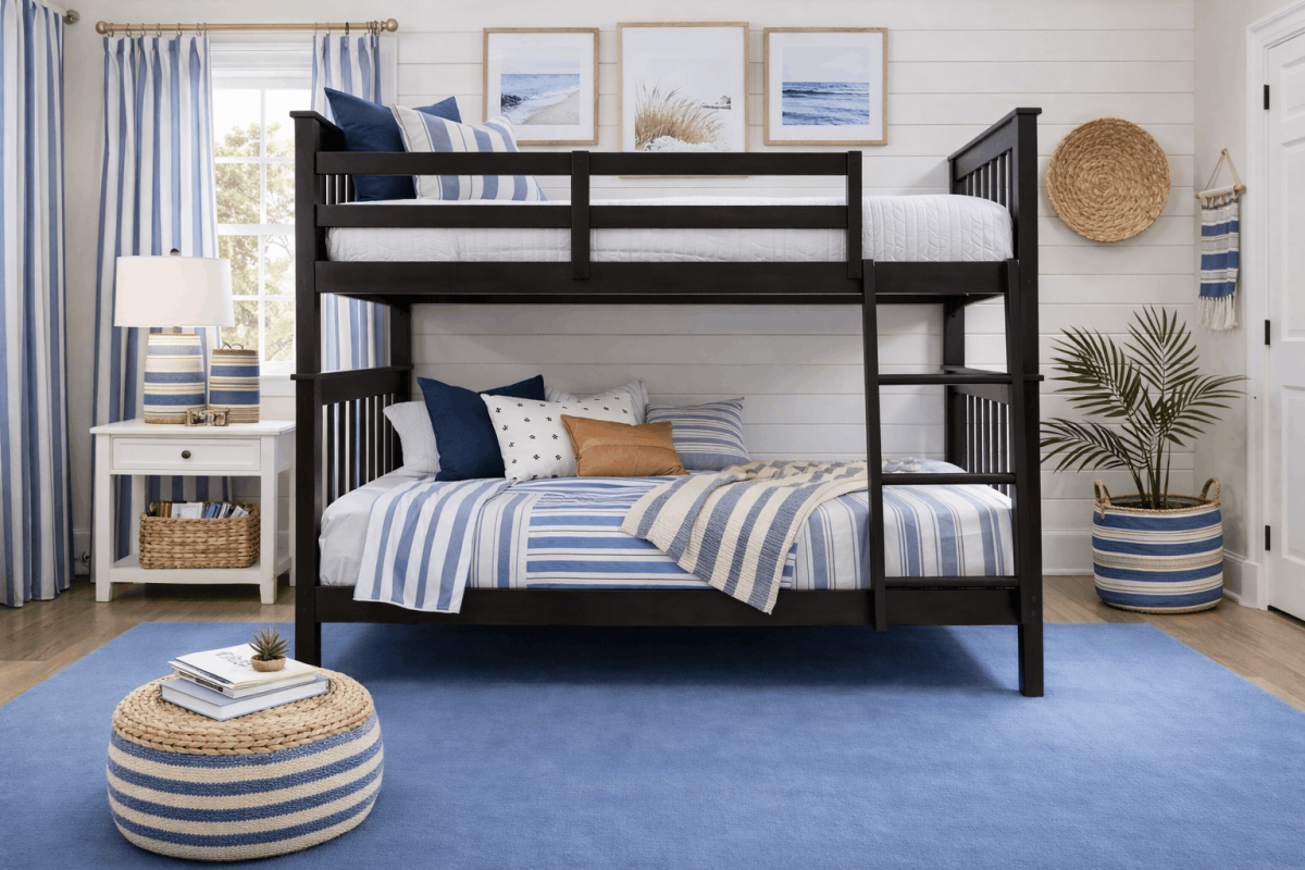 double over double brown wood bed in coastal room