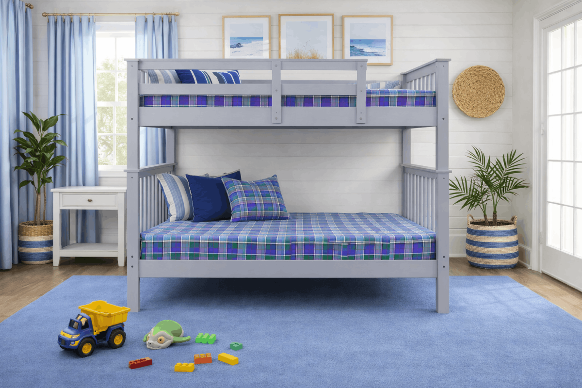 double over double grey wood bed in coastal room