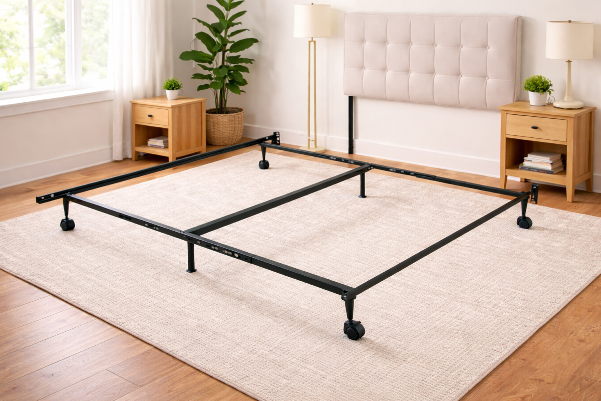 black wire bedframe with wheels and center support