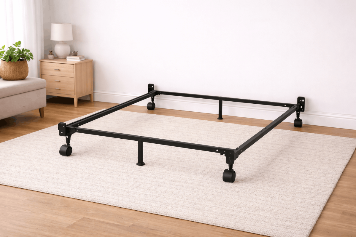 black wire bedframe with wheels