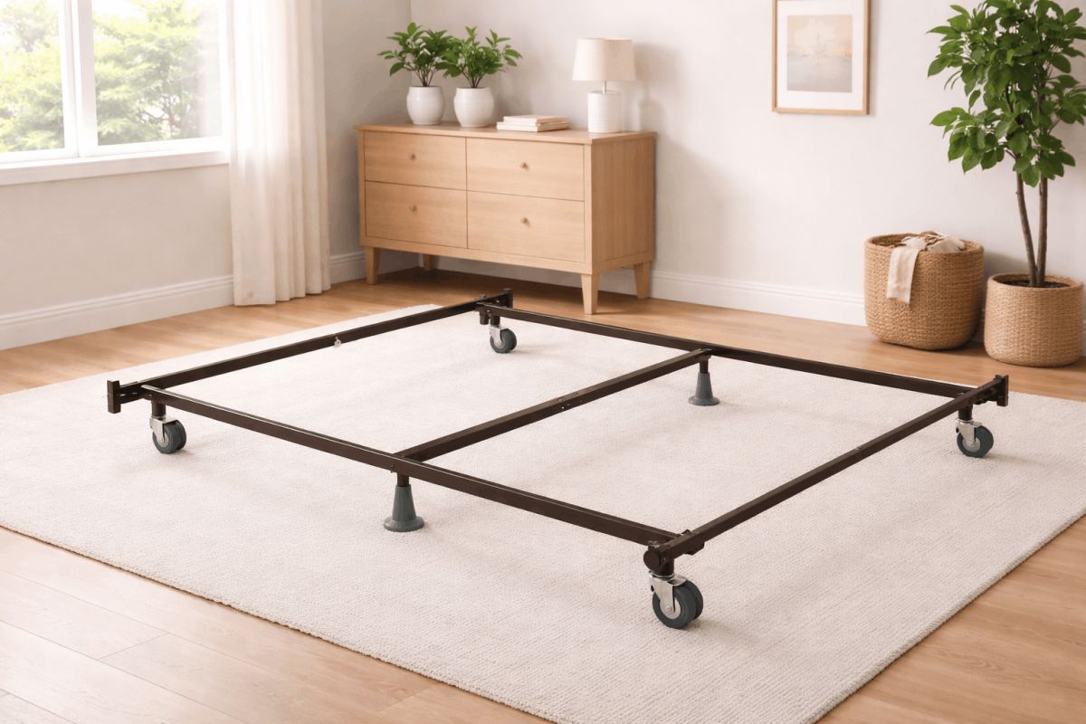 black wire bed frame with center supports and wheels in modern room