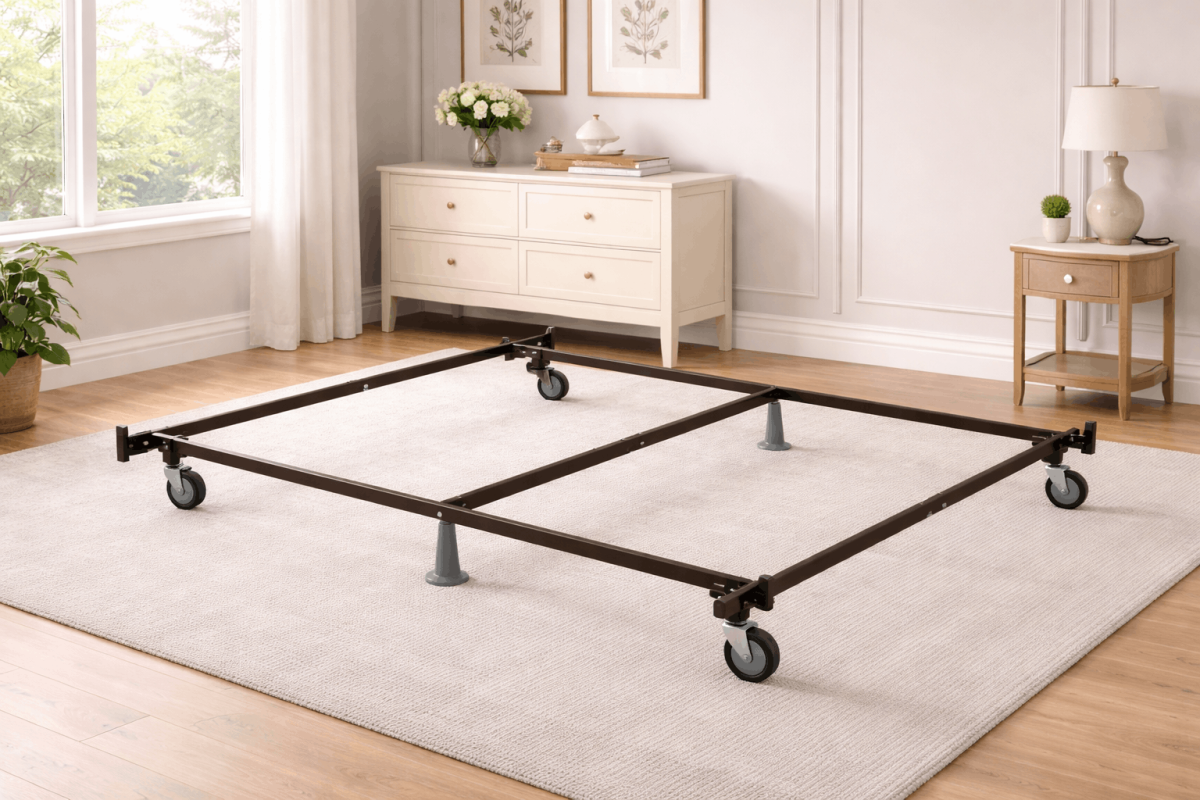 black wire bed frame with center support and wheels
