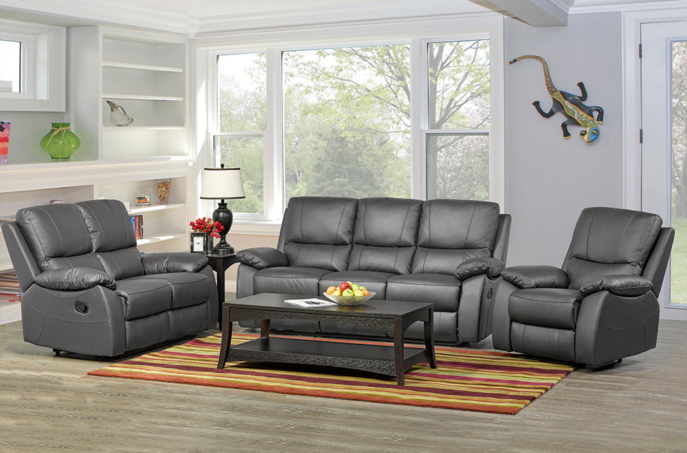 Charcoal leather power recliner sofa set