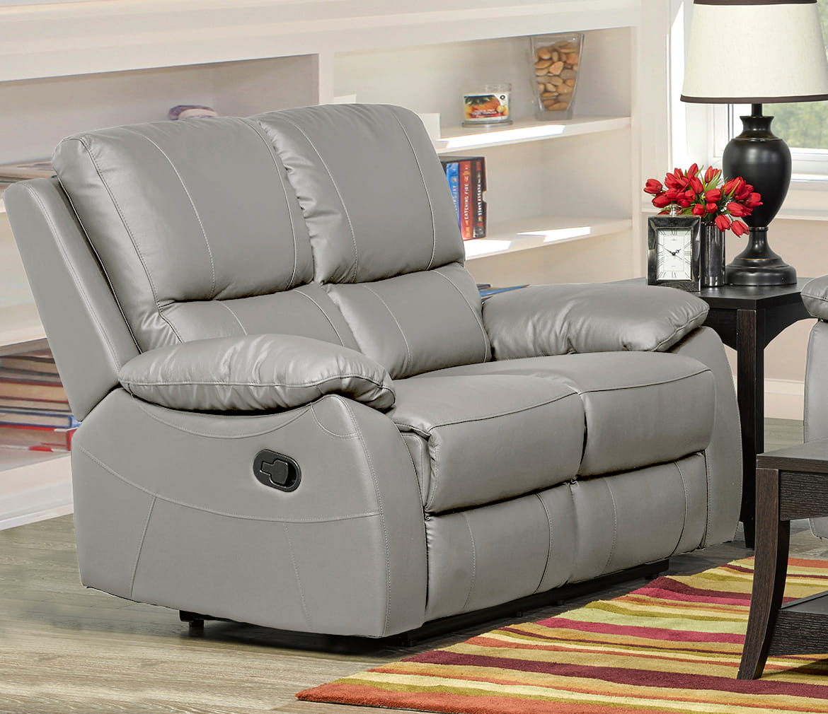 Grey leather power recliner loveseat