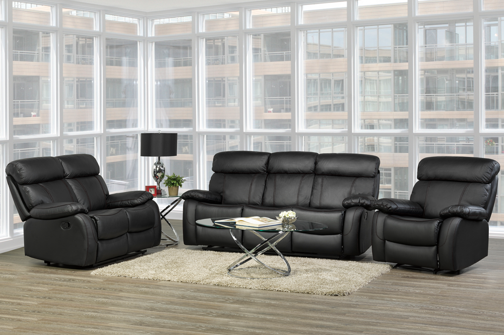 Black leather power recliner sofa set