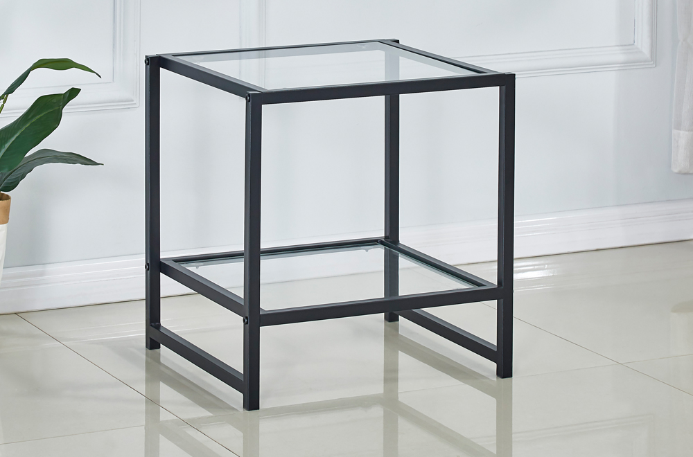 glass top black metal night stand