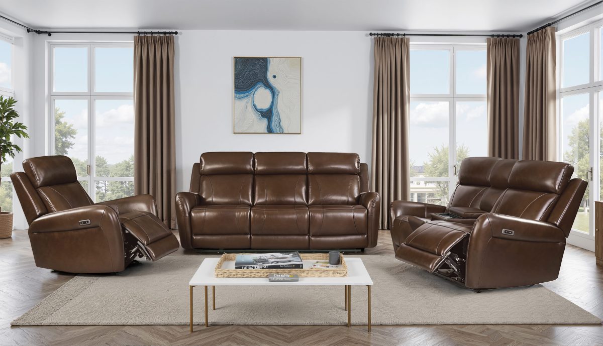 Brown leather power recliner sofa set