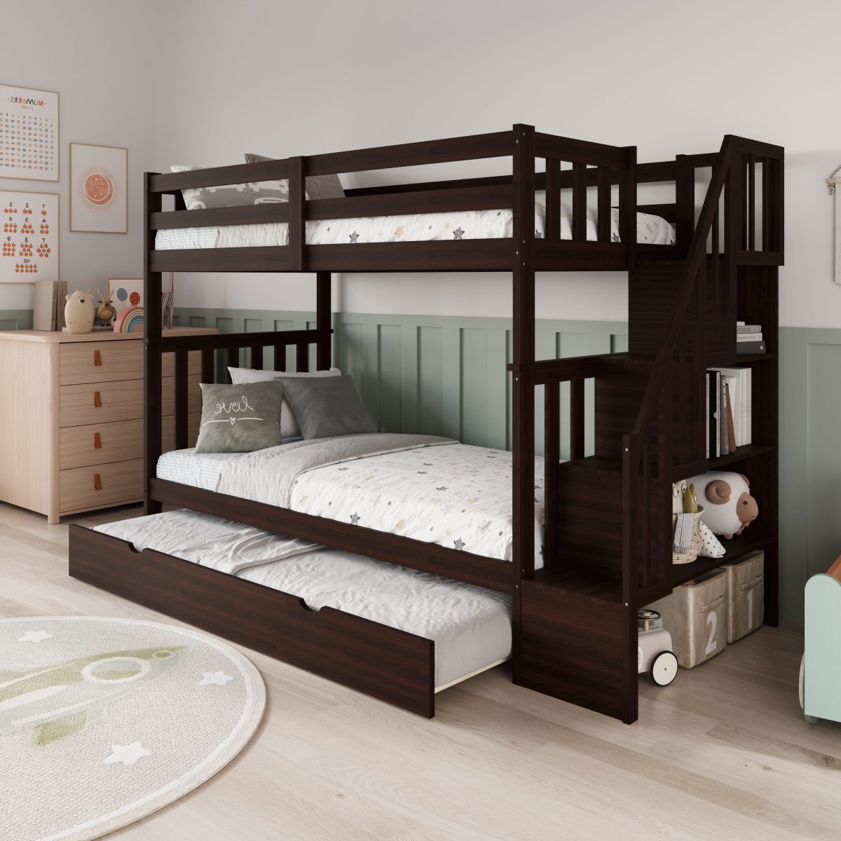 twin over full bunk bed with trundle, step ladder, espresso