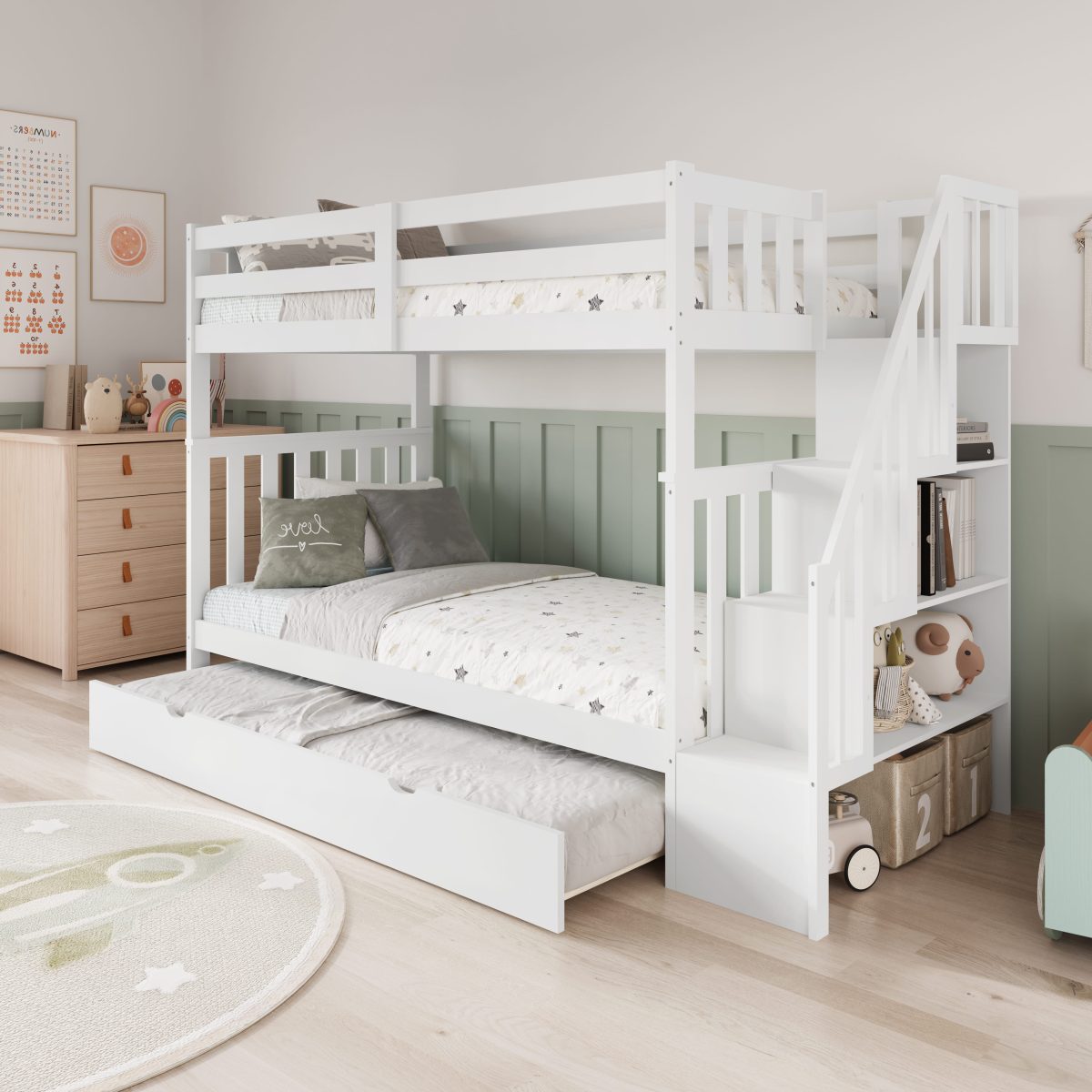 twin over full bunk bed with trundle, step ladder, white